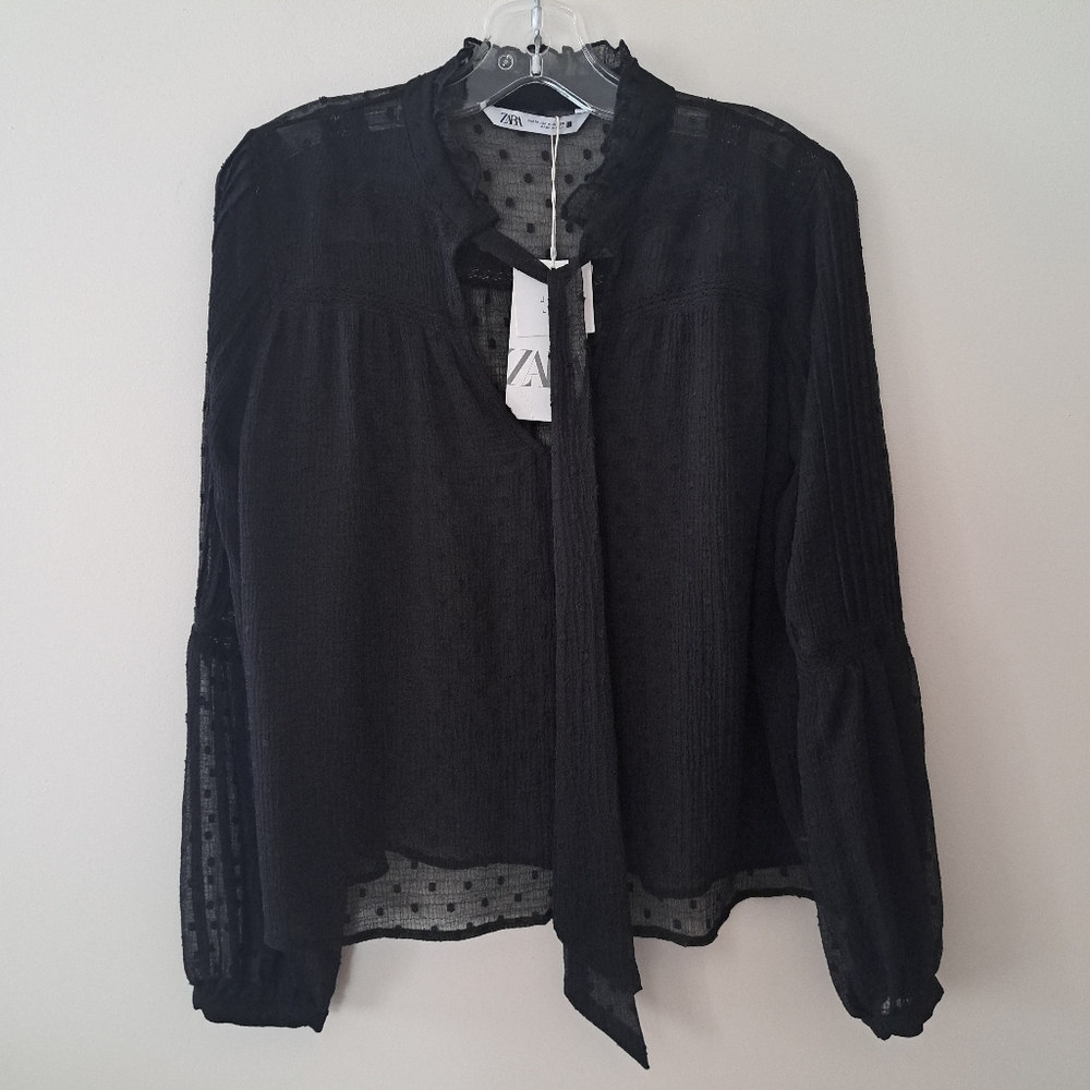 Zara Black Plumetis Blouse with Neck Tie